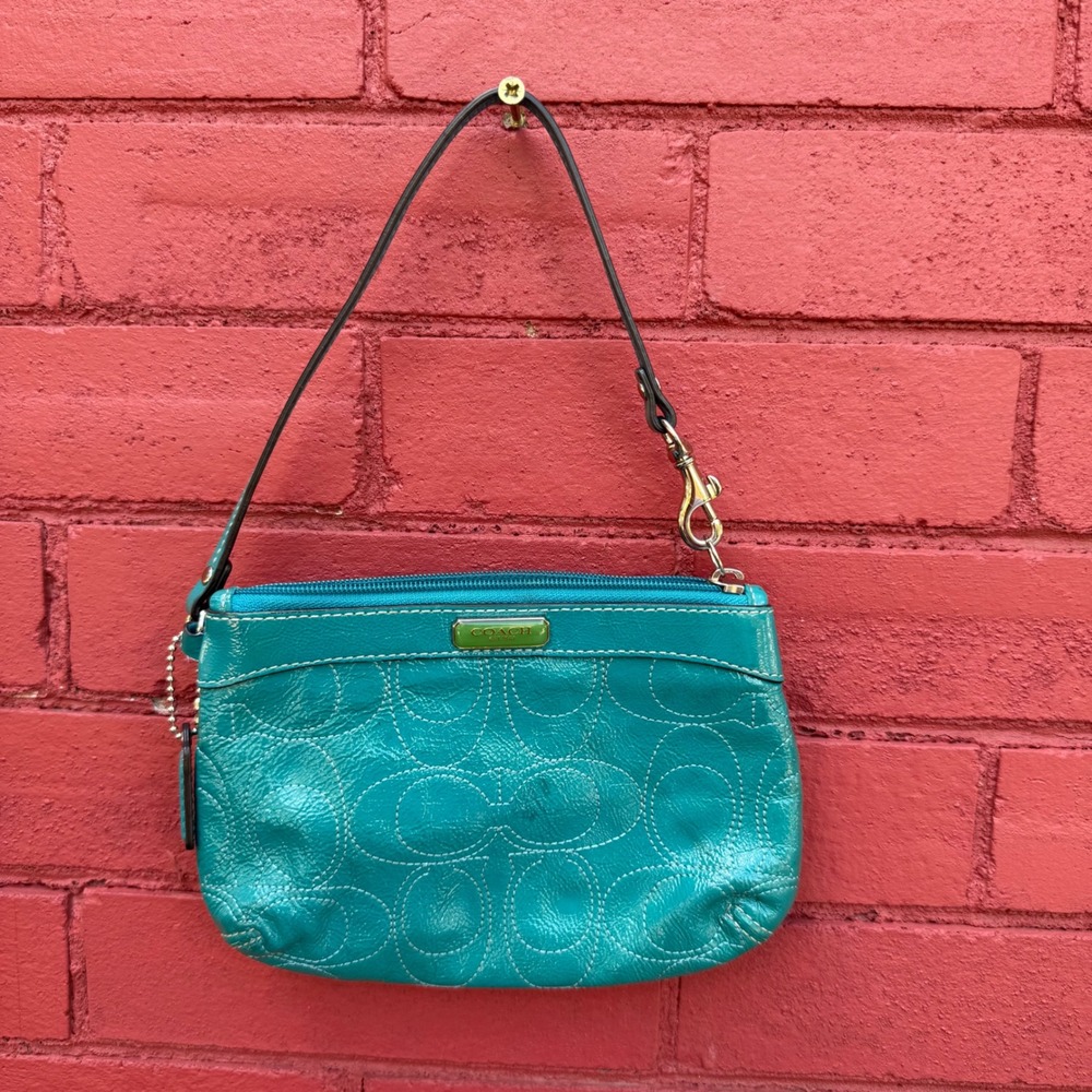 Coach Teal Patent Leather Signature C Monogram Small Wristlet Baguette Bag